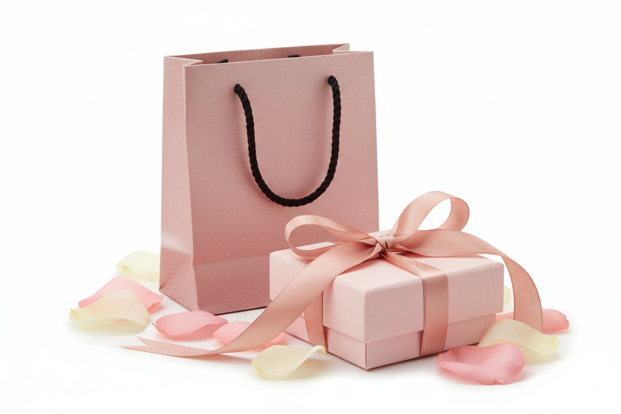 a soft pink gift wrapped small box with rose gold ribbon, a small gift bag with a black rope handle, soft pink tones