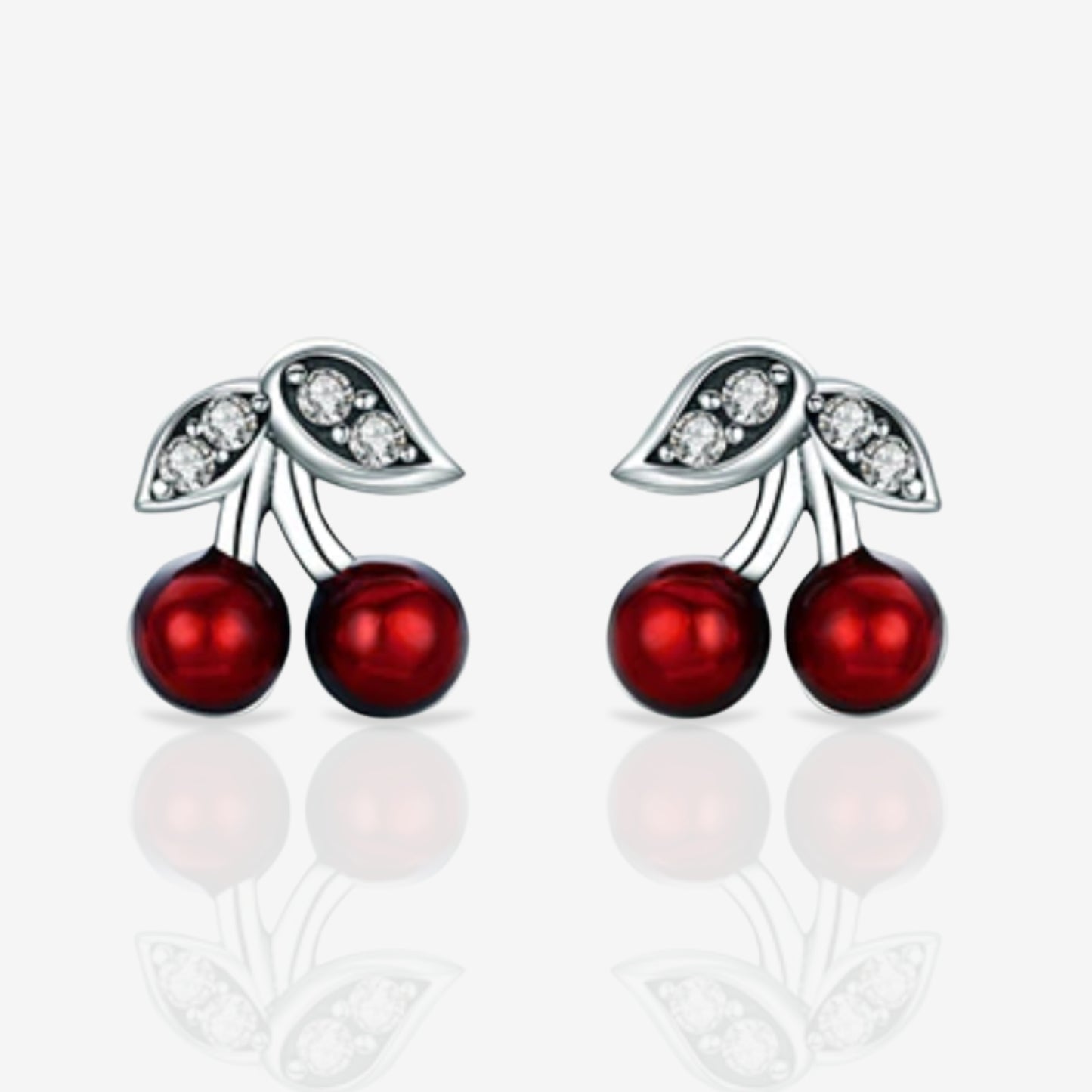 Cherry Stud Earrings with Sparkling Leaves