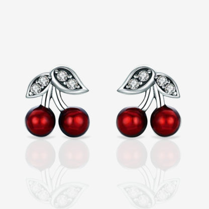 Cherry Stud Earrings with Sparkling Leaves