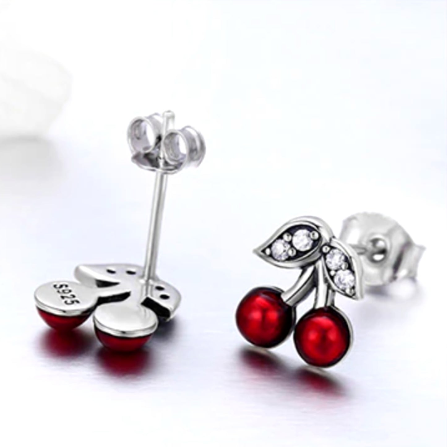 Cherry Stud Earrings with Sparkling Leaves