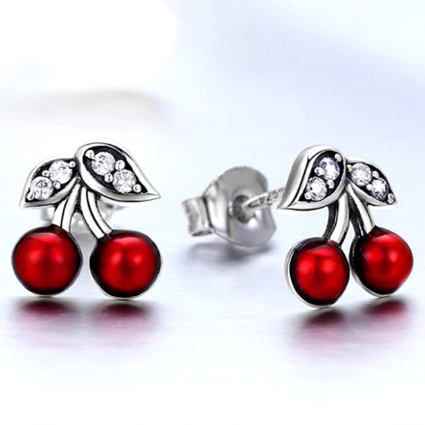 Cherry Stud Earrings with Sparkling Leaves