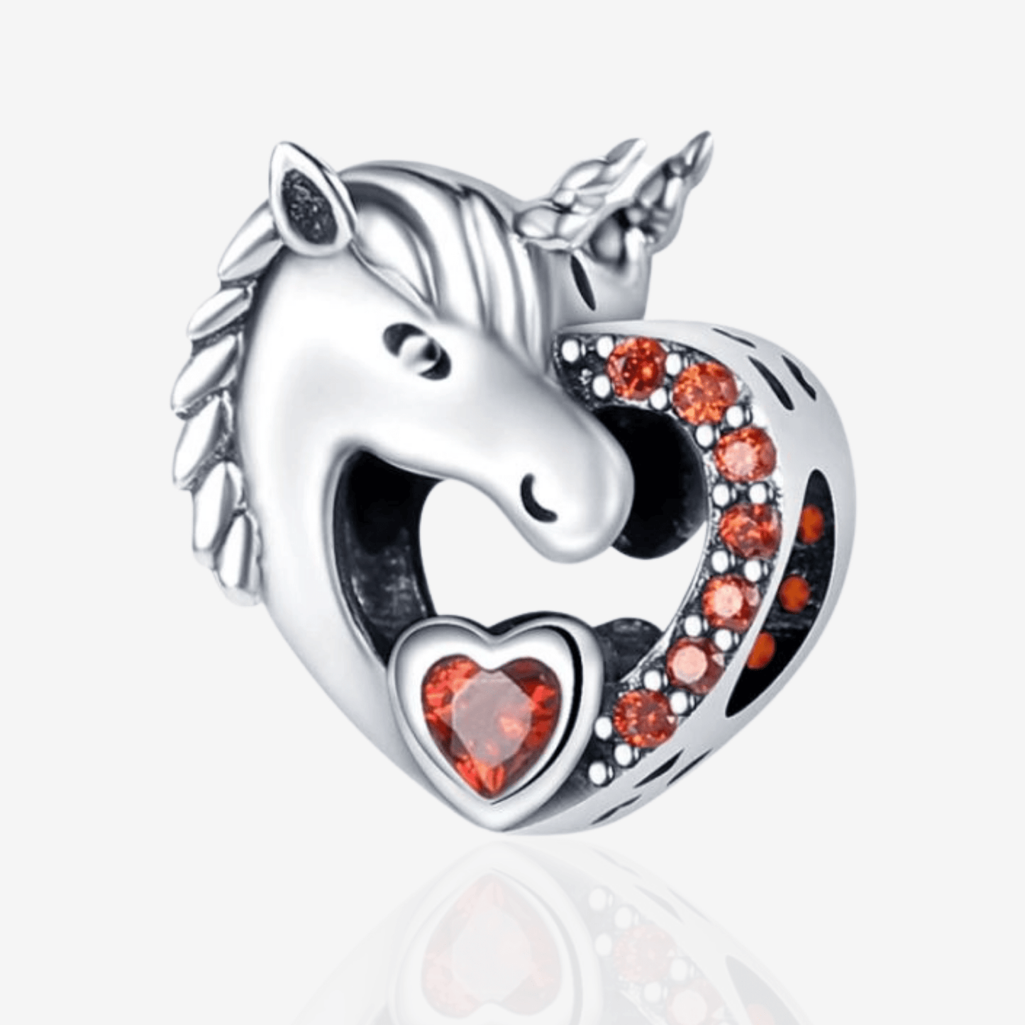 Silver Unicorn Heart Shaped Charm with Red Sparkle.