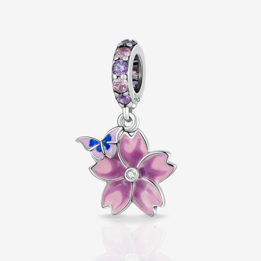 Pink Flower with Butterfly Dangle Charm