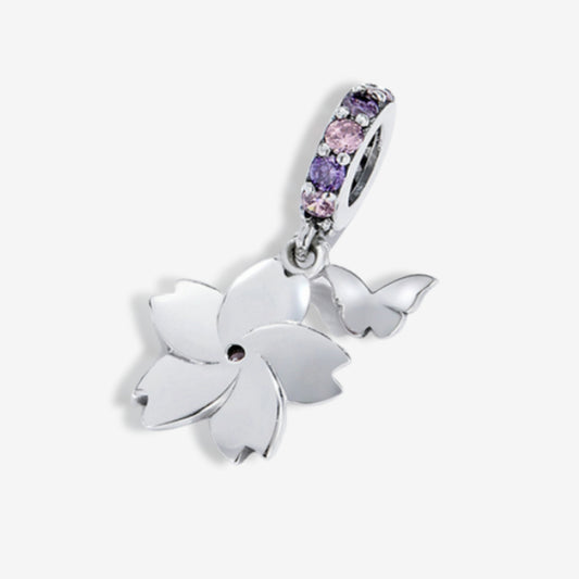 Pink Flower with Butterfly Dangle Charm