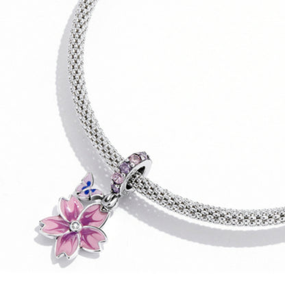 Pink Flower with Butterfly Dangle Charm