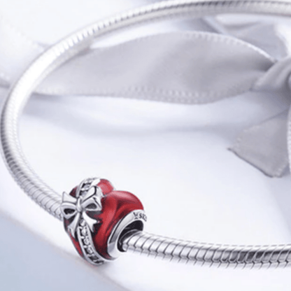 Red Love Heart Charm With Silver Bow and Sparkle Detail.