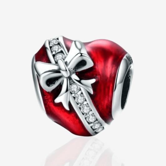 Red Love Heart Charm With Silver Bow and Sparkle Detail.