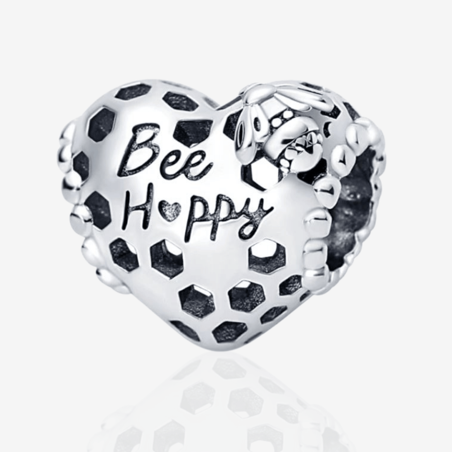 Silver Honeycomb Bee Happy Heart Charm.